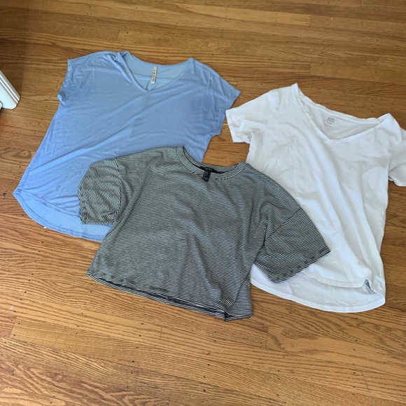 3 Basic Tee Shirt Bundle Baby Blue, Striped &White - Picture 2 of 8